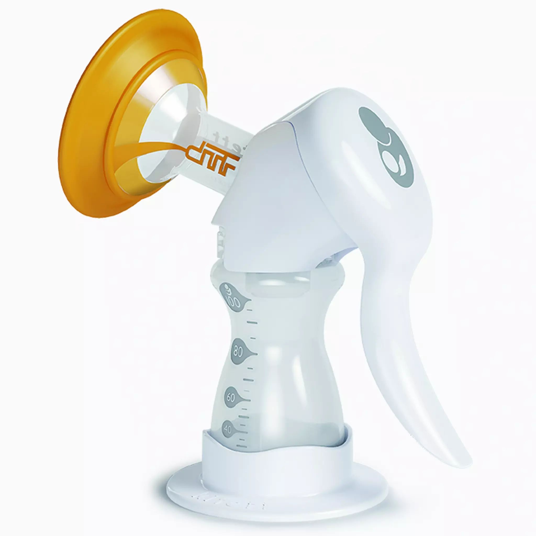 Tire-lait blanc et jaune. Biberon gradué. Poignée ergonomique.