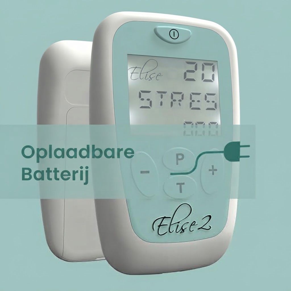 Een Elise2 TENS-apparaat met digitaal display, knoppen en oplaadpoort. Achterkant toont "Oplaadbare Batterij".