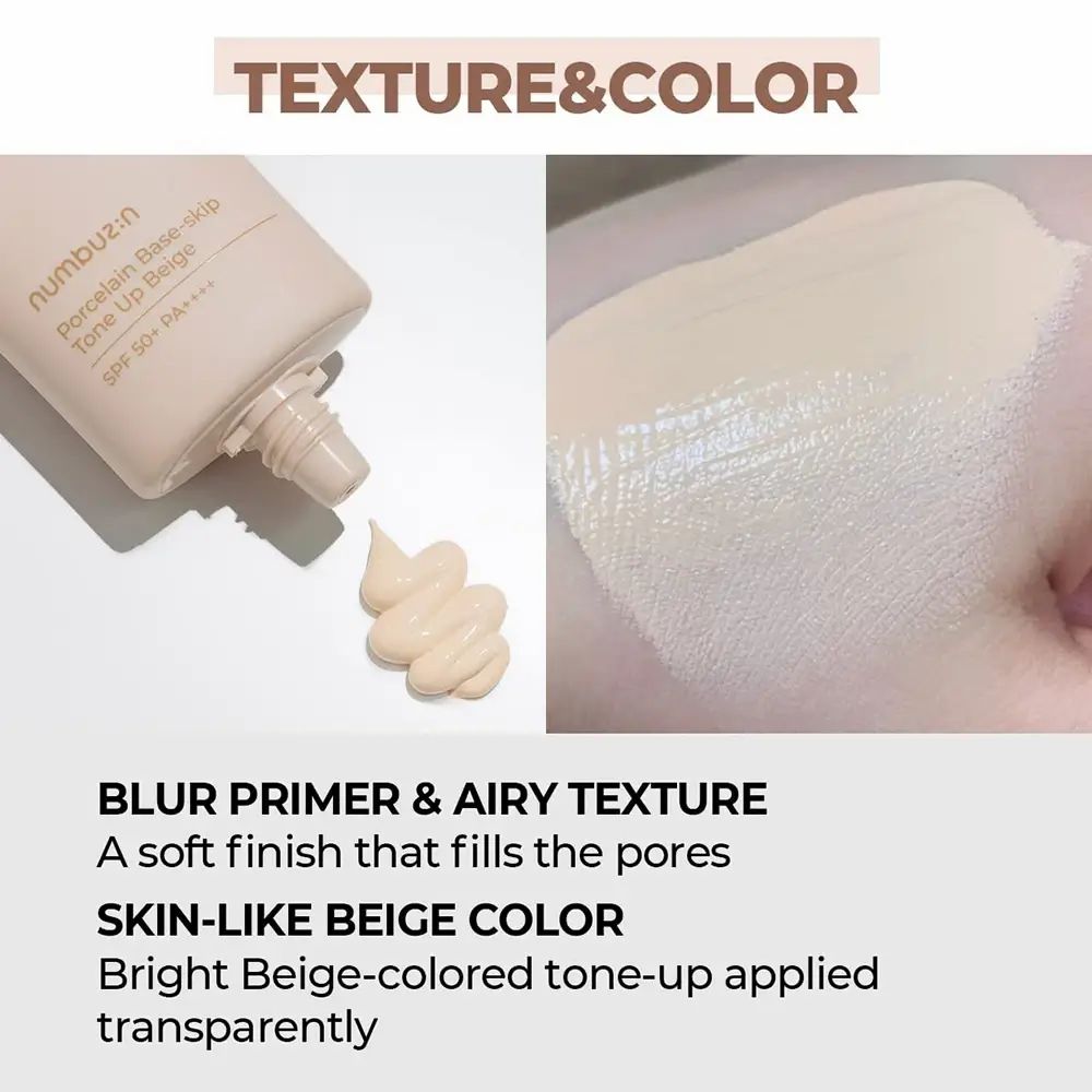 Image produit avec texte. Tube et crème sur main. Texte : BLUR PRIMER & AIRY TEXTURE, SKIN-LIKE BEIGE COLOR. Inscription : n:umbuz:in, etc.