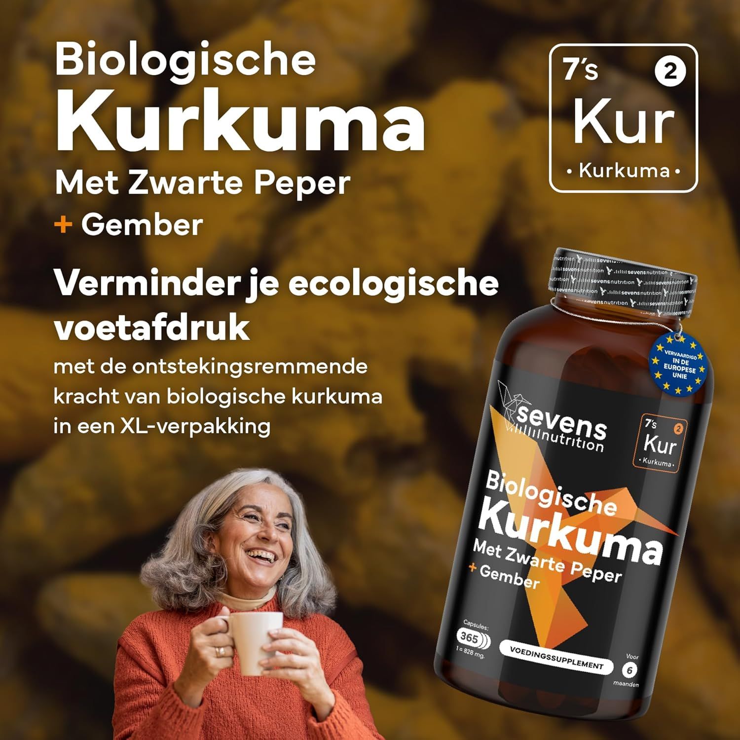Bruine fles met biologische kurkuma, zwarte peper en gember. Bevat 365 capsules.