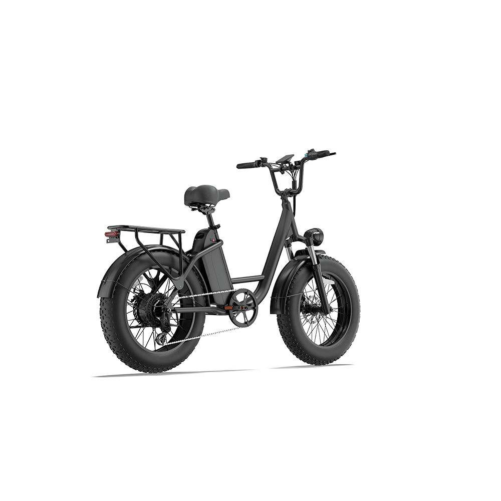 Vélo électrique noir avec pneus larges, porte-bagages et feu arrière. Vue latérale, isolé sur fond blanc.