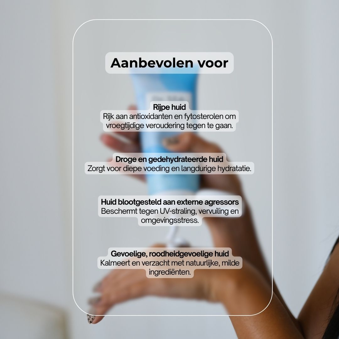 Tekst op transparante achtergrond. Aanbevolen voor: rijpe, droge, door het milieu gestreste en gevoelige huid.