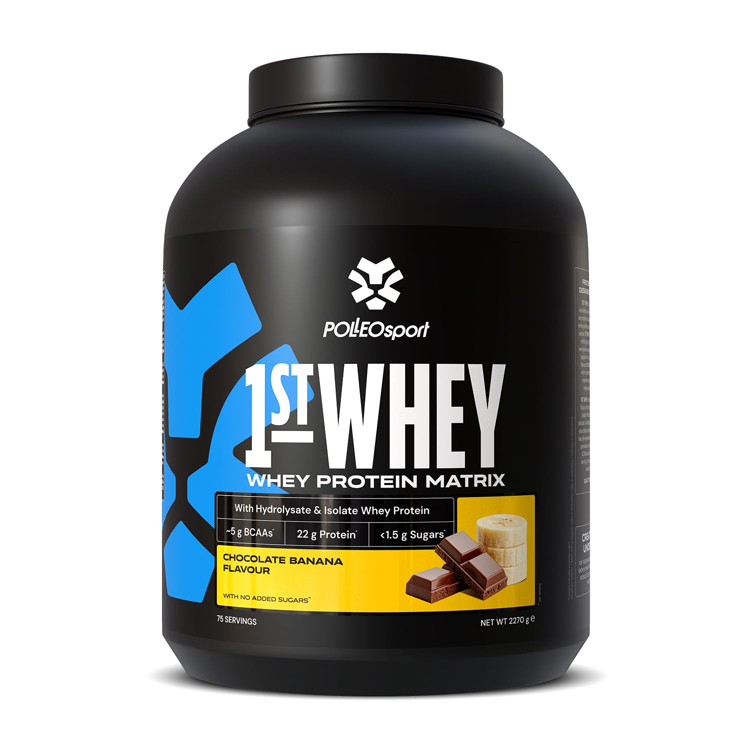 Contenant noir PolleoSport 1st Whey Protein Matrix, saveur chocolat banane.