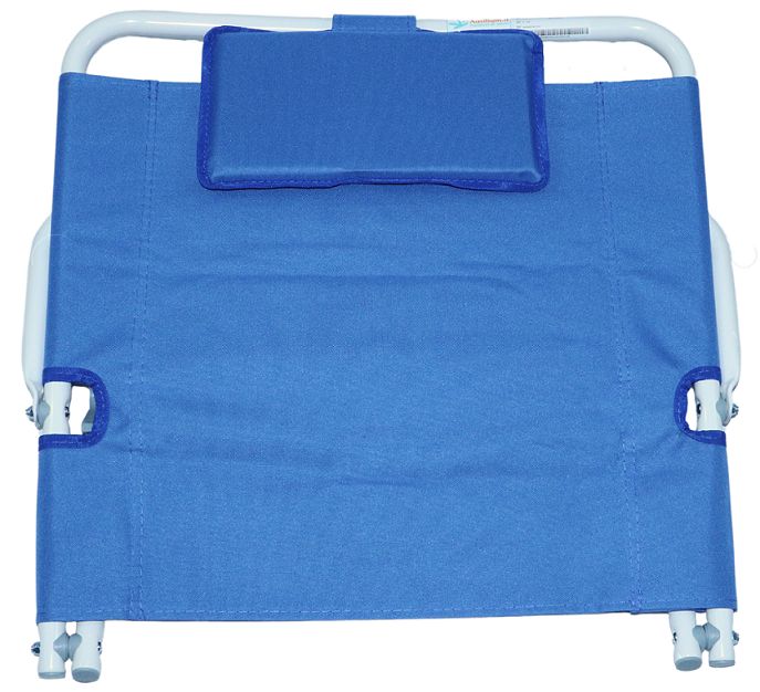Support inclinable bleu, cadre blanc, appui-tête. Pour personnes à mobilité réduite, seniors et soignés. Vue de dessus.