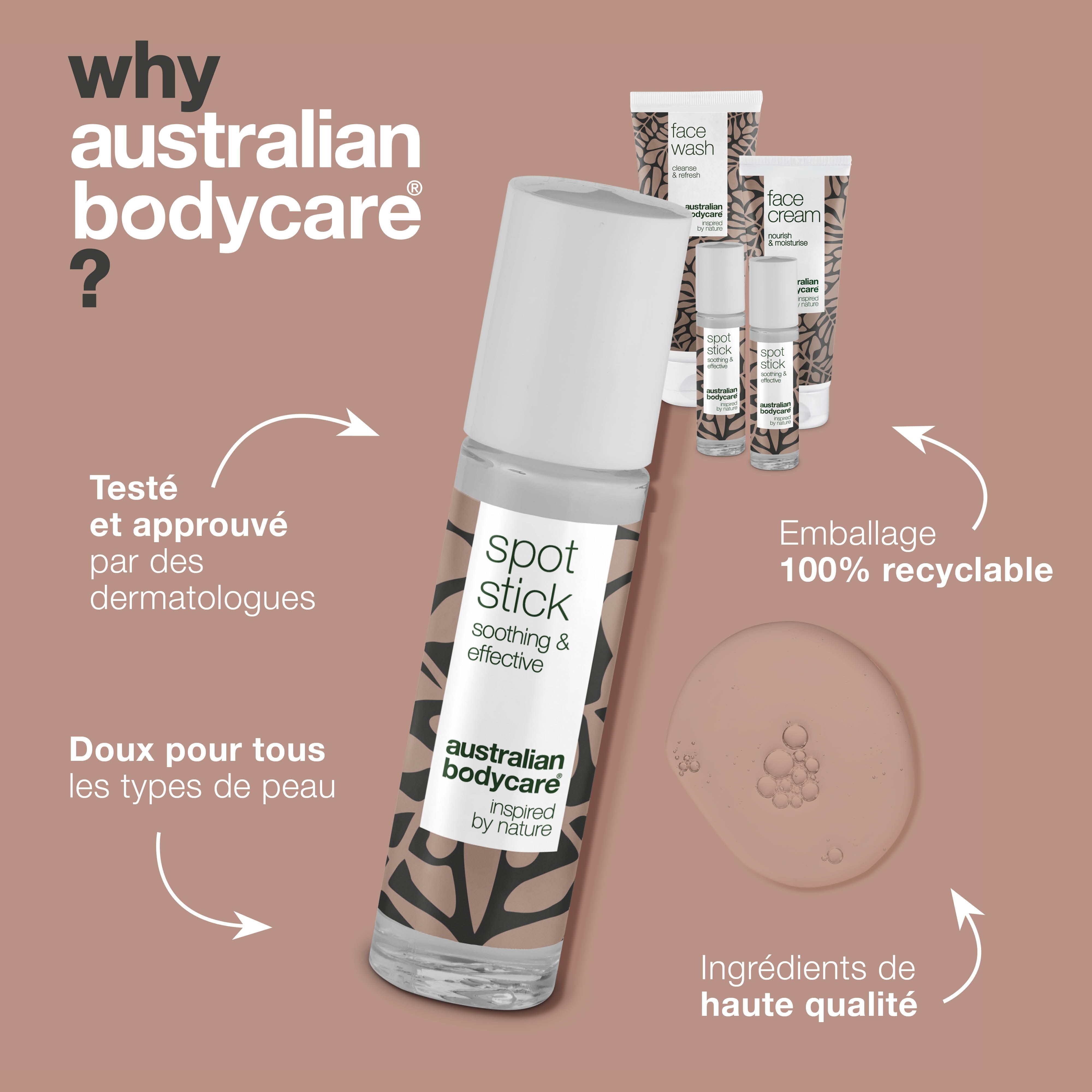 Flacon de Spot Stick. Texte : Pourquoi Australian Bodycare ? Informations sur les ingrédients.