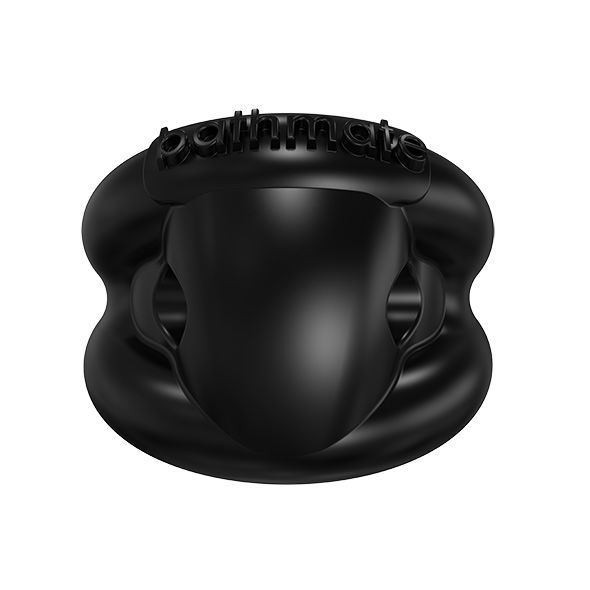 Zwarte penisring met "bathmate" opschrift. Rond van vorm met een uitsparing.