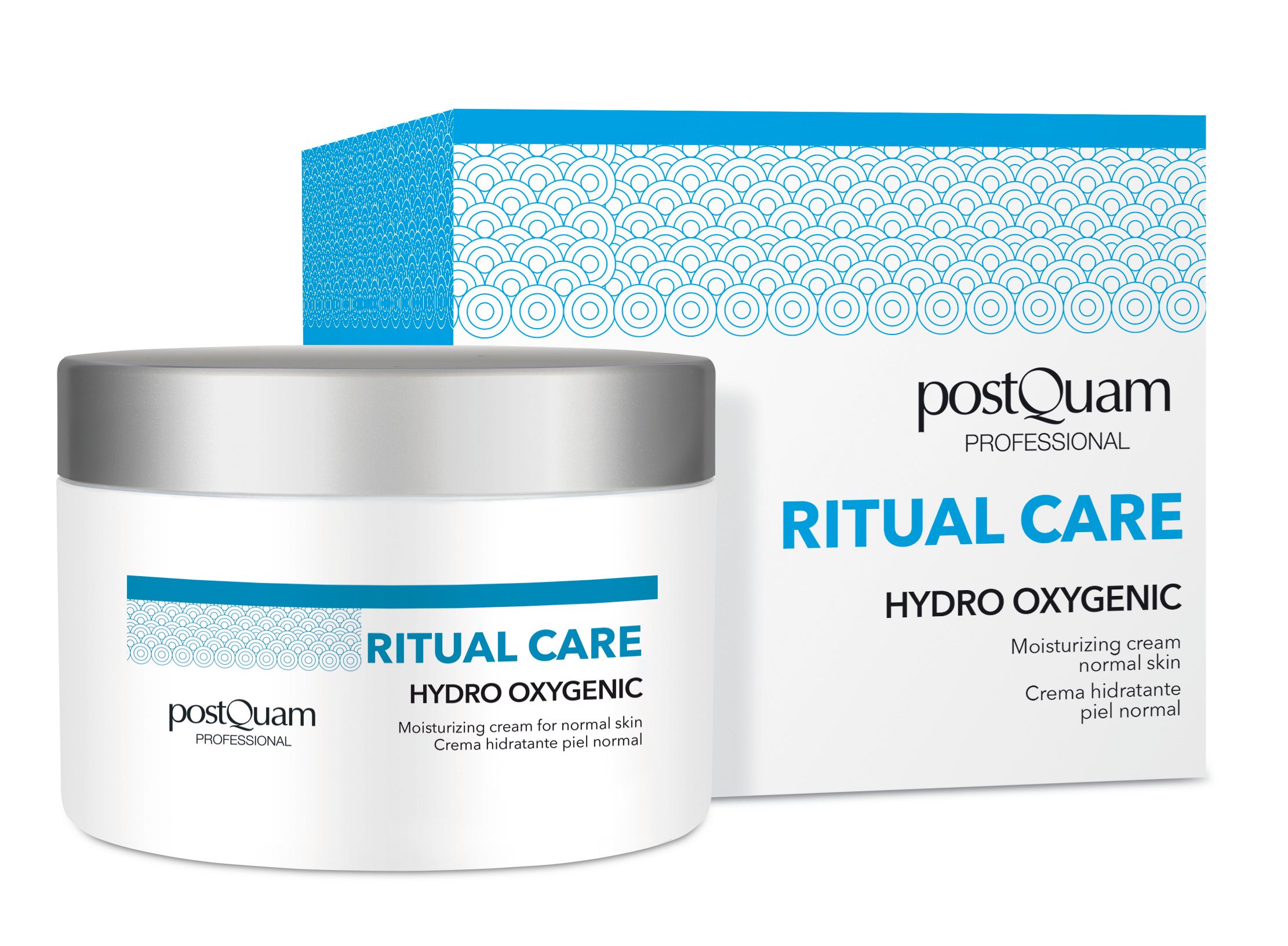 Crèmepot en doos. Opschrift: Postquam, Ritual Care, Hydro Oxygenic. Voor normale huid.