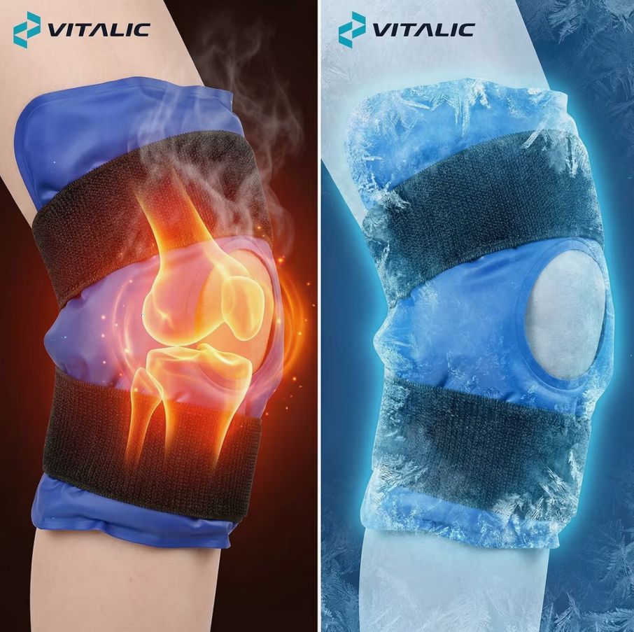 Genouillère sur la jambe. Gauche : chaleur, droite : froid. Genouillère bleue avec sangles noires.