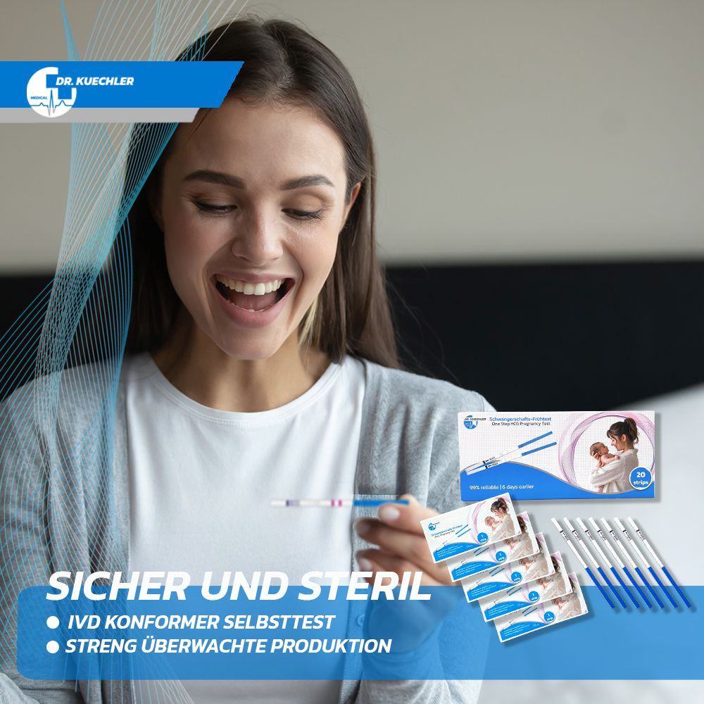 Femme avec test de grossesse. Boîte et tests individuels en arrière-plan. "Sûr et stérile".