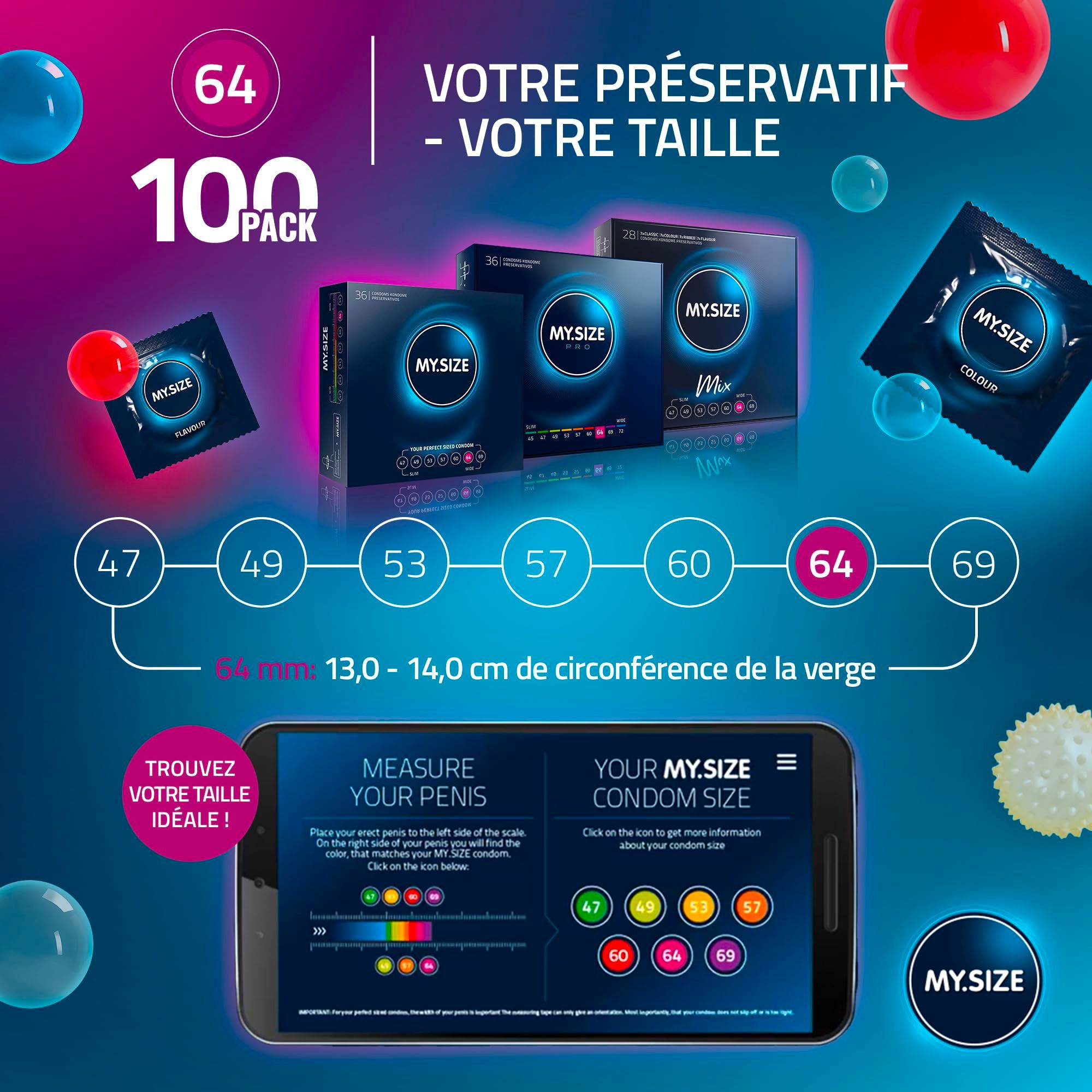 Pack de 100 préservatifs MY.SIZE de différentes tailles, avec indications de taille et une application smartphone pour choisir la bonne taille.