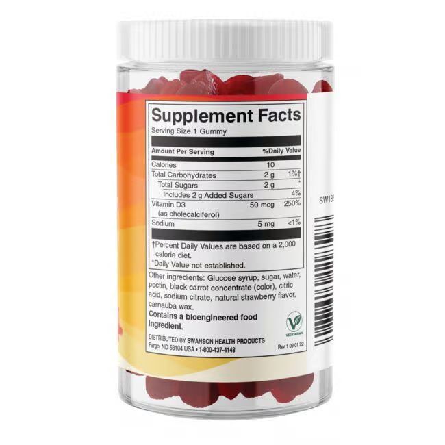 Dos du flacon avec informations nutritionnelles. Contient de la vitamine D3. Label végétalien. Fabricant : SWANSON HEALTH PRODUCTS.