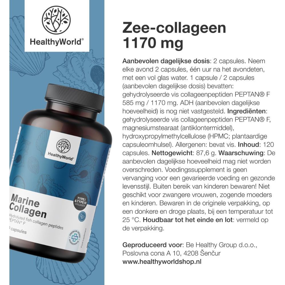Fles met tekst en ingrediënten. Logo: HealthyWorld. Tekst: Zeecollageen 1170 mg, 120 capsules.