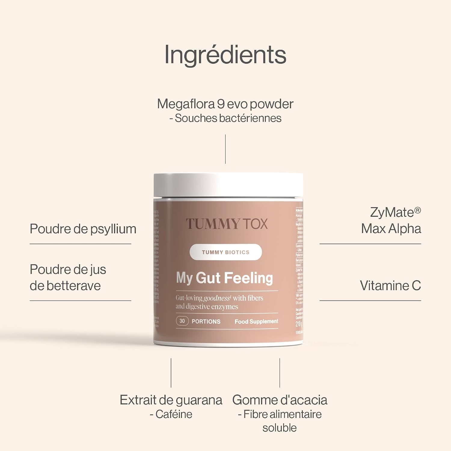 Complément alimentaire Tummy Tox My Gut Feeling dans un pot brun, étiquette listant les ingrédients.