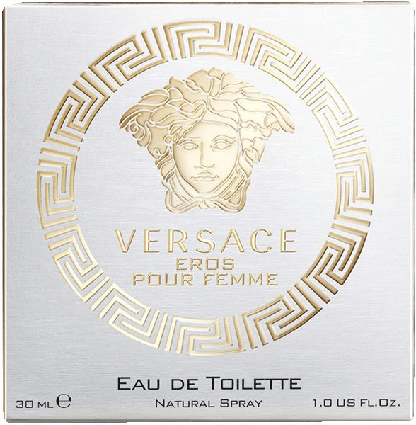 Vierkante doos met Versace-logo en 'Eros Pour Femme'. Opschrift 'Eau de Toilette' en '1.0 US FL OZ'.