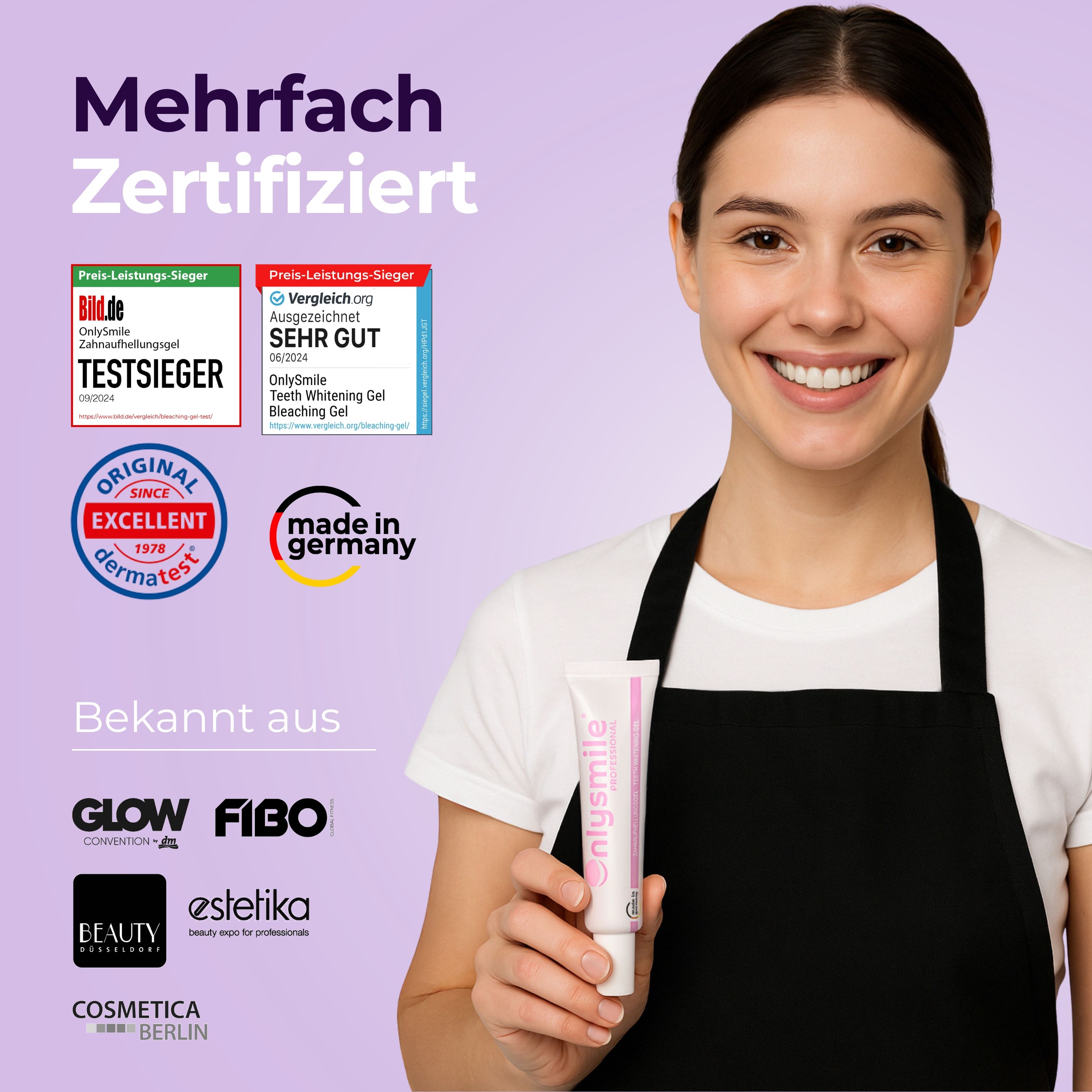 Vrouw met OnlySmile gel. Gecertificeerd. Made in Germany. Bekend van: GLOW, FIBO, BEAUTY, estelika, Cosmetica.