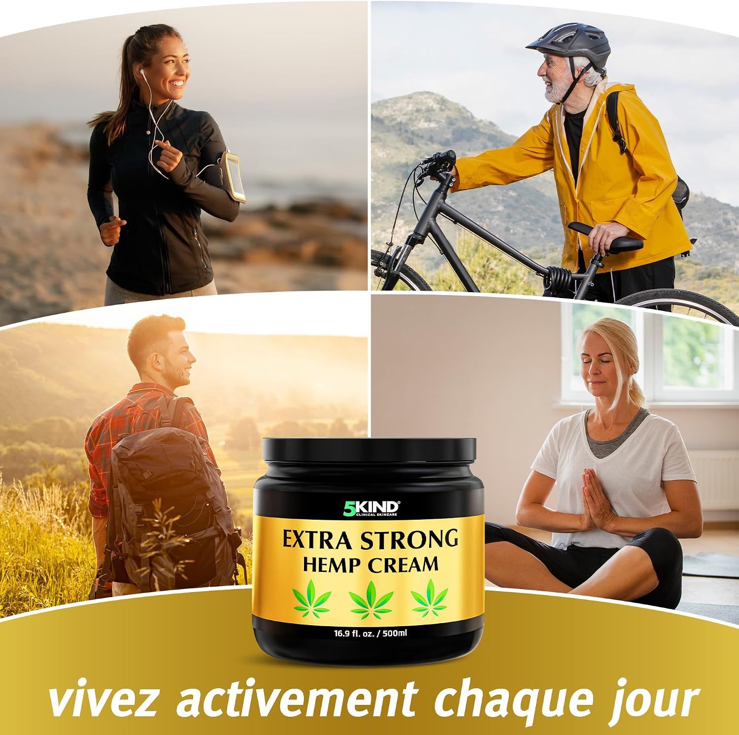 Collage: Course, vélo, randonnée, yoga. Pot de crème au chanvre 5Kind placé en avant. Texte : Vivez activement.