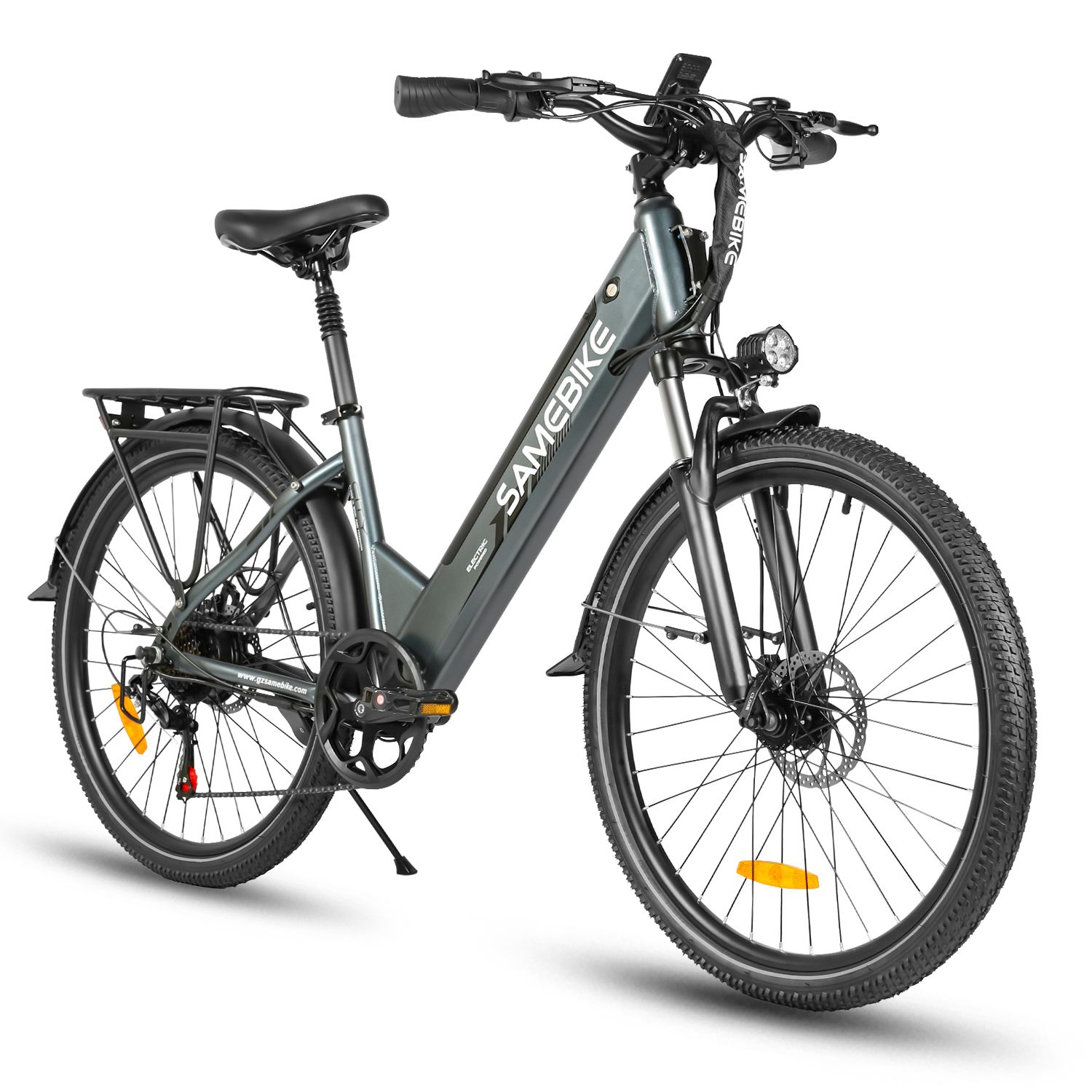 Vélo électrique SAMEBIKE RS-A01 Pro-T gris. Pneus, selle, guidon noirs. Phare avant. Porte-bagages. Vue latérale.