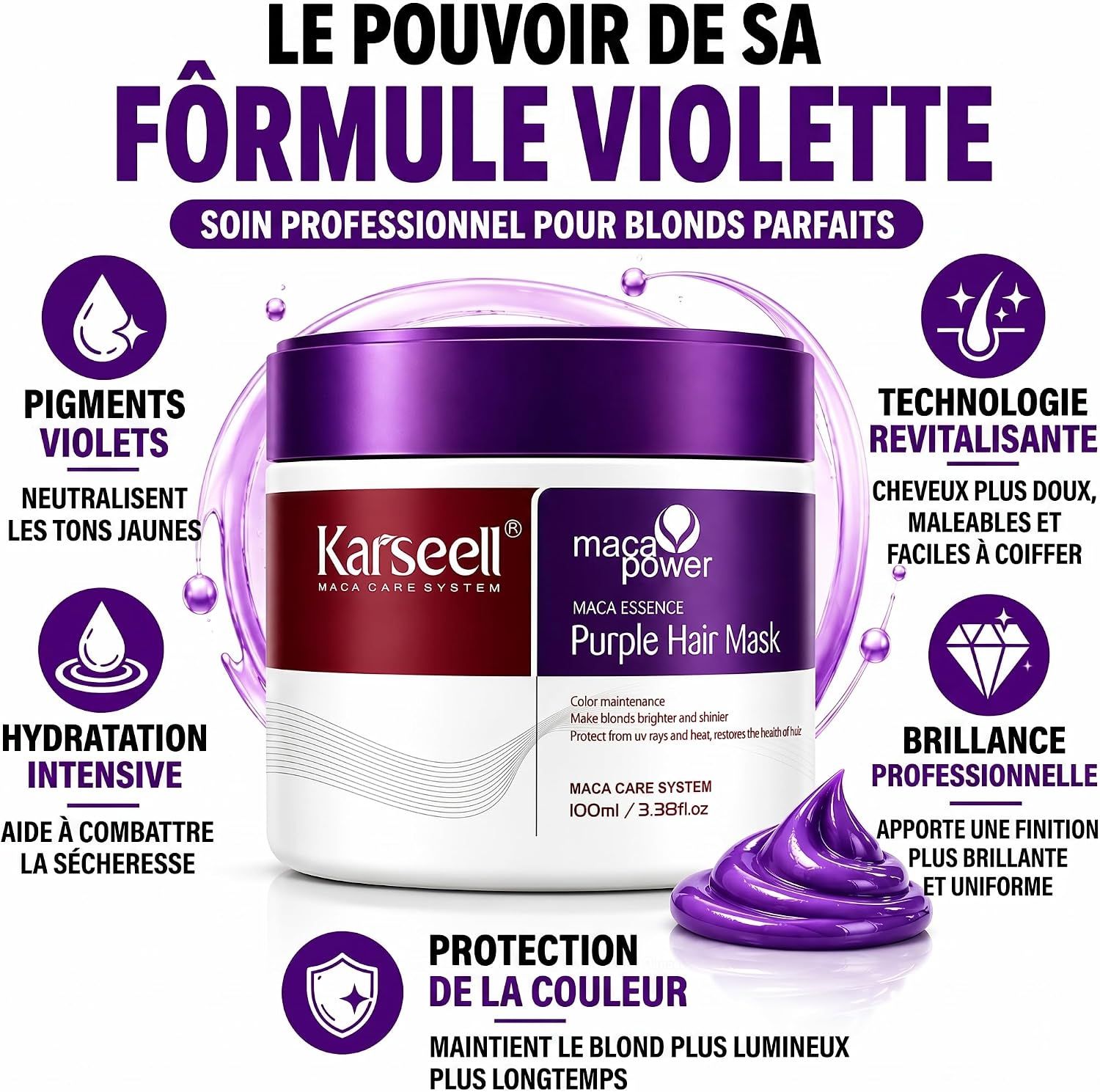 KARSEELL Masque Violet Anti-jaunissement pour Cheveux Blonds et Gris