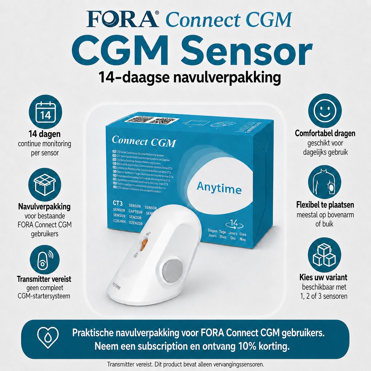 Doos en witte CGM-sensor van FORA Connect. 14-daagse navulverpakking met Bluetooth-sync.
