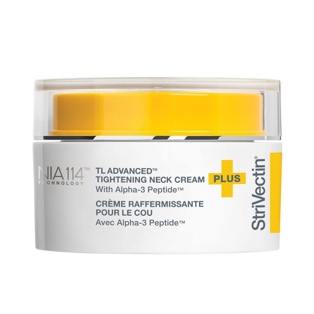 Strivectin TL Advanced Tightening Neck Cream pot met gele dop en witte body.