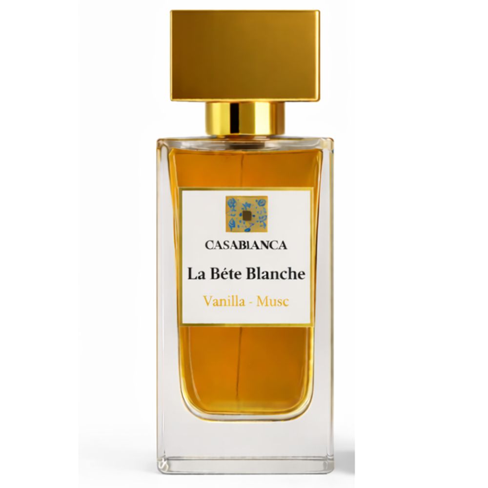 Flacon de parfum rectangulaire avec bouchon doré. Inscription: Casablanca La Bête Blanche, Vanilla - Musc.