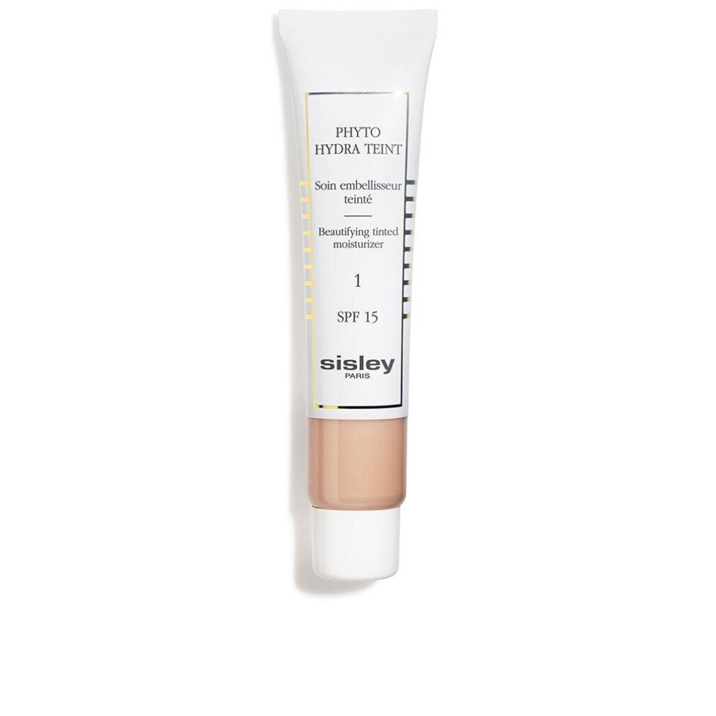 Tube blanc Sisley Phyto Hydra Teint 1. Hydratant teinté beige. SPF 15. Vue du produit.