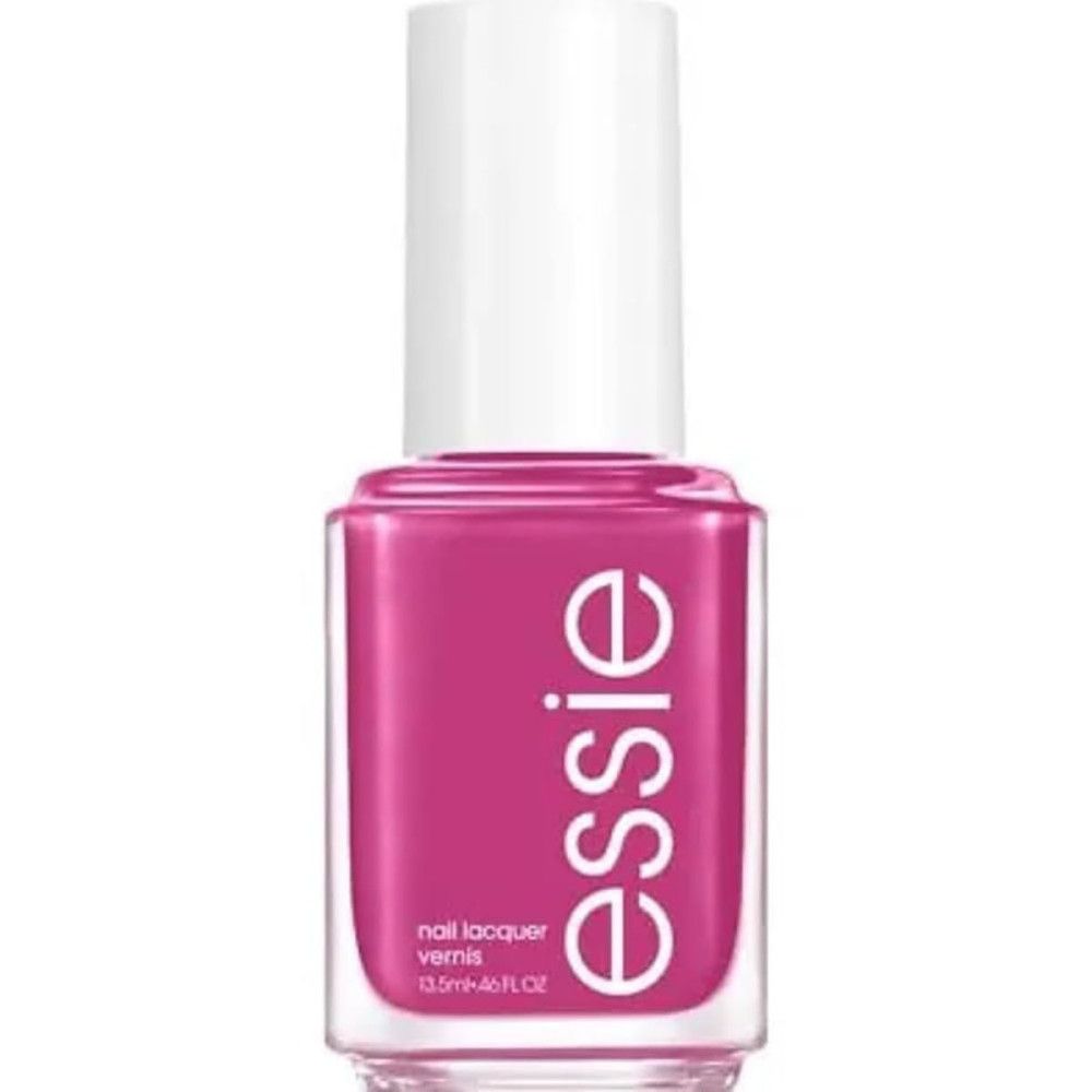 Nagellakflesje met witte dop. Roze lak, etiket met 'essie' en 'vernis'.