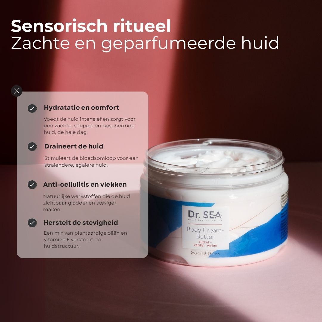 Crème-boterpot met roze deksel. Opschrift: Dr. SEA, Body Cream-Butter, Orchidee-Vanille-Amber.