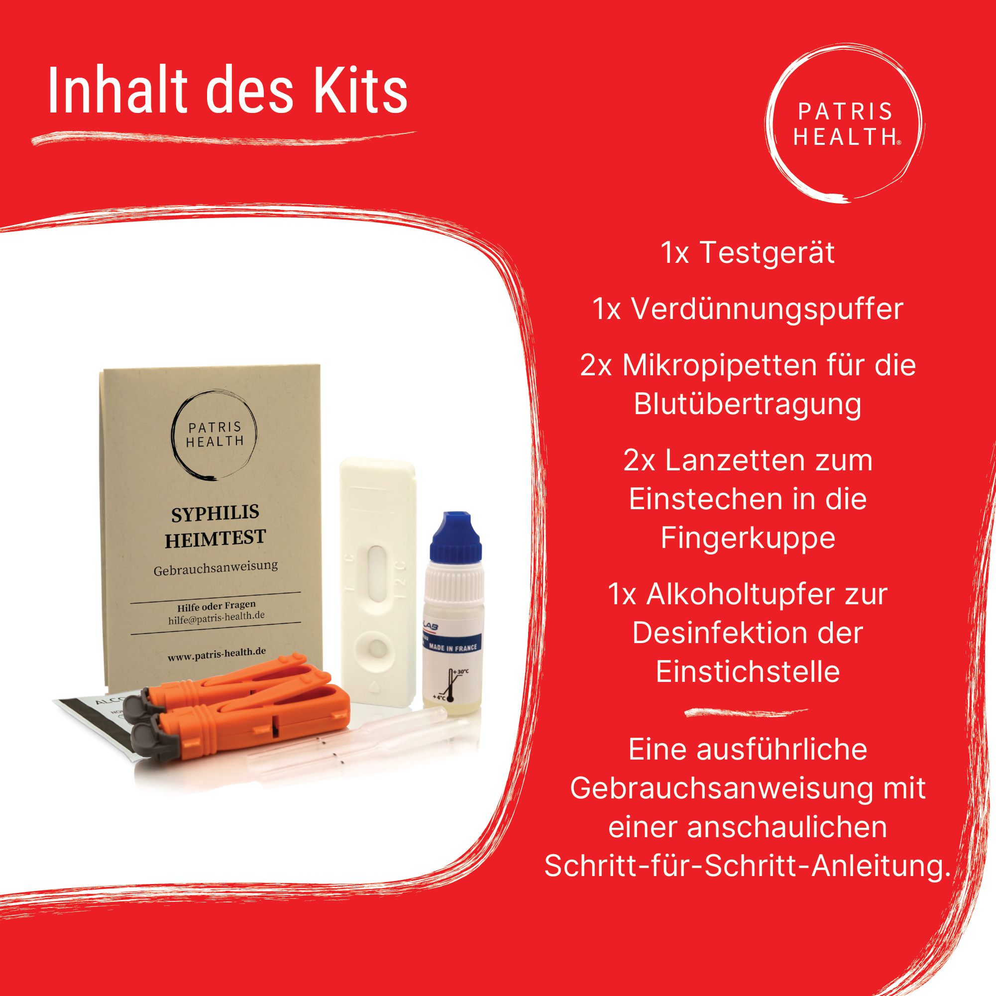 Inhoud van de Patris Health® Syfilis Zelftest kit. Bevat testapparaat, verdunningsbuffer, pipetten, lancetten, alcoholdoekje.