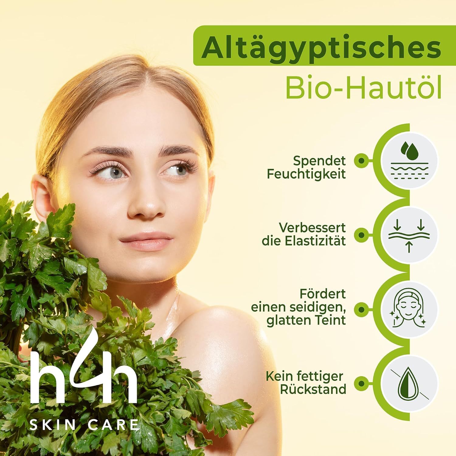 Femme avec du persil. Texte : Bio-huile pour la peau égyptienne. Hydrate, améliore l'élasticité, favorise le teint lisse, pas de résidu gras.