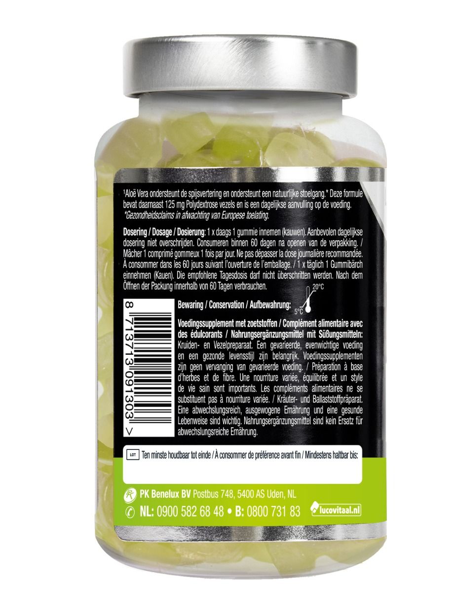 Achterkant fles groene gummies. Tekst: gebruiksaanwijzing, houdbaarheid, fabrikant informatie.