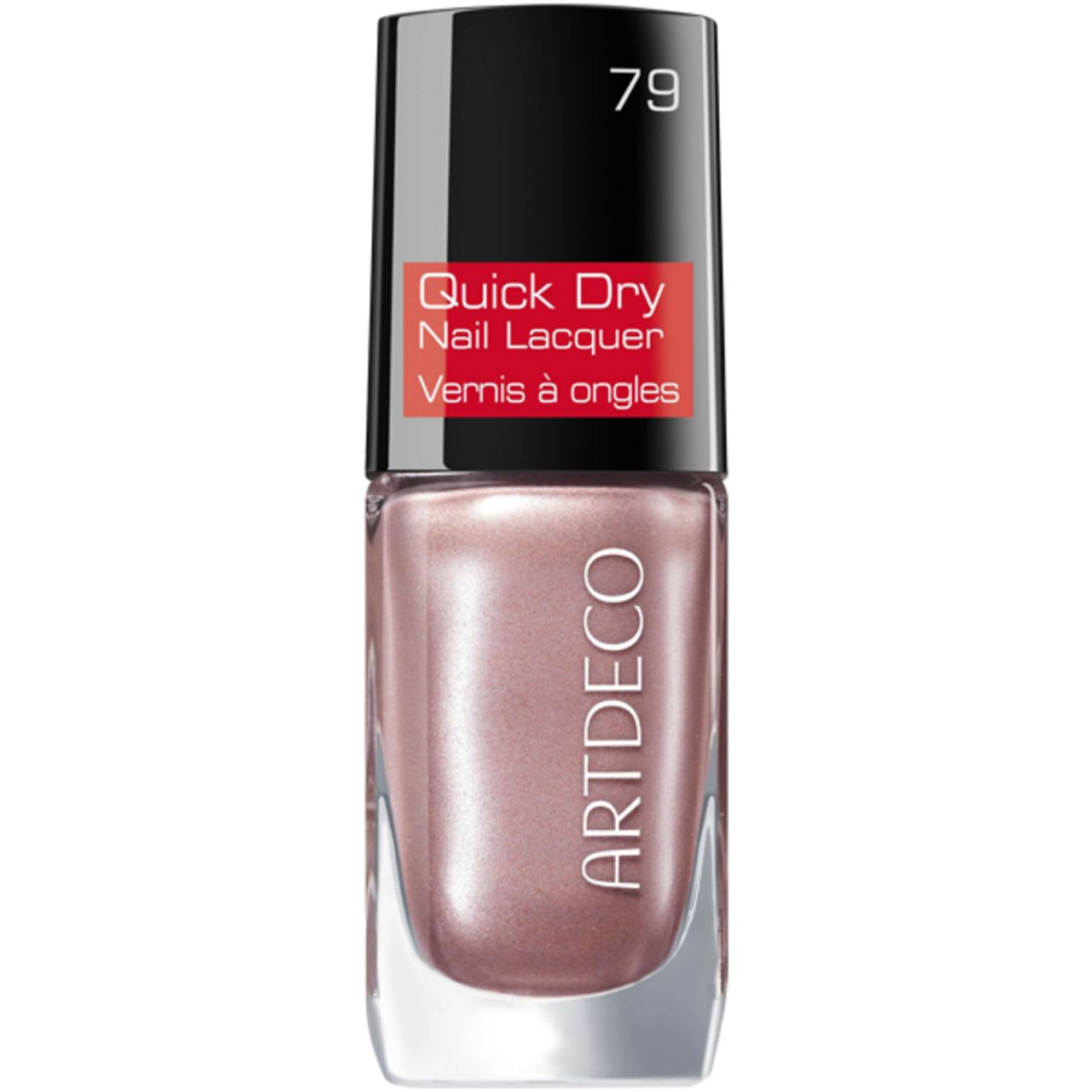 Nagellakfles met zwarte dop. Opschrift: Quick Dry Nail Lacquer, Artdeco. Tint 79.