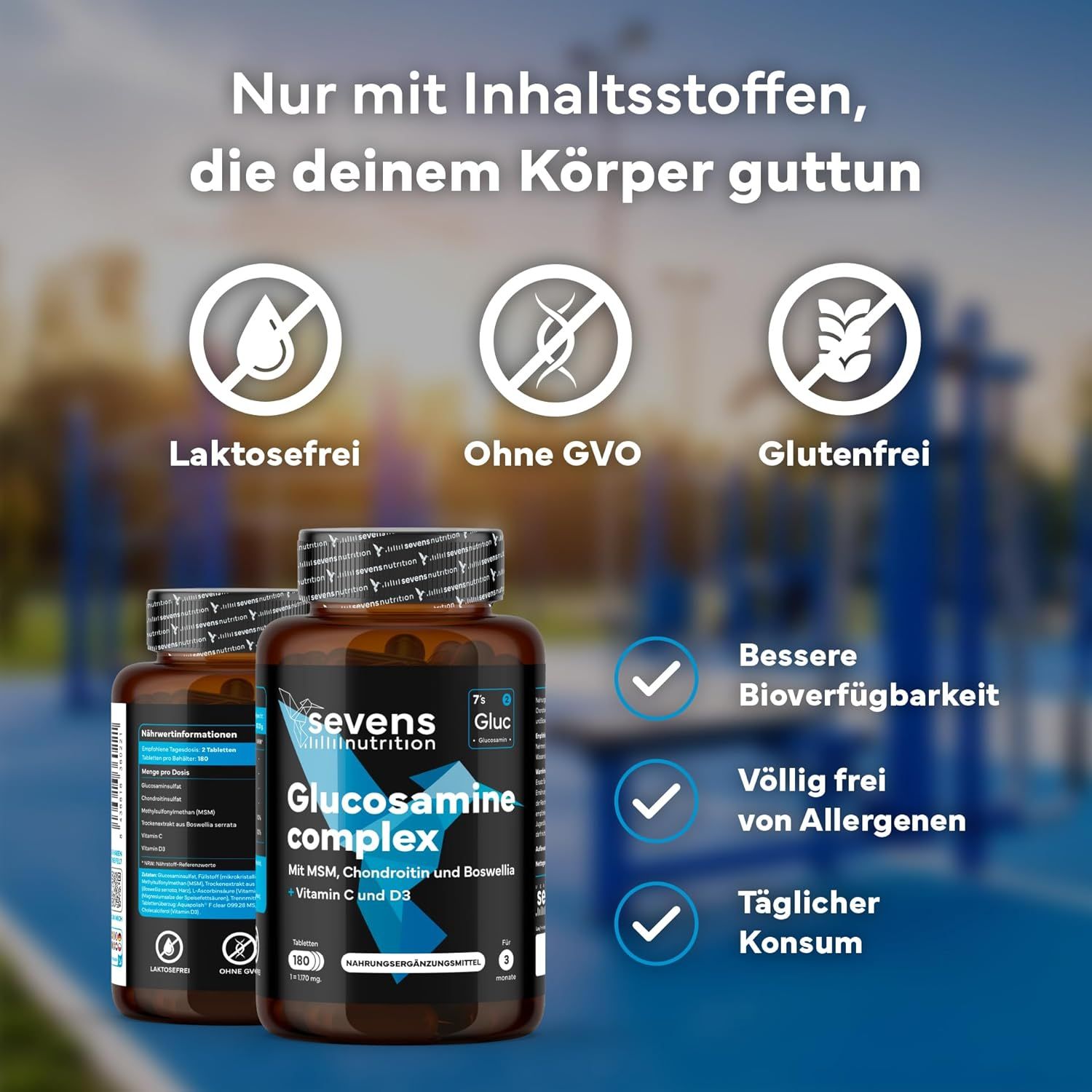 Deux bocaux SEVENS NUTRITION Glucosamine Complex. Icônes indiquant l'absence de lactose, OGM et gluten.
