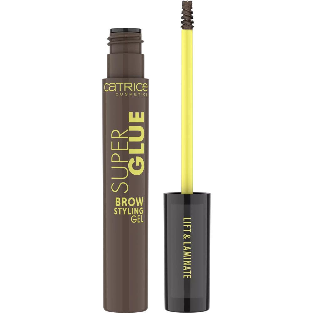 Mascara gel pour sourcils. Tube marron avec texte jaune. Applicateur jaune avec brosse marron. Marque : Catrice.