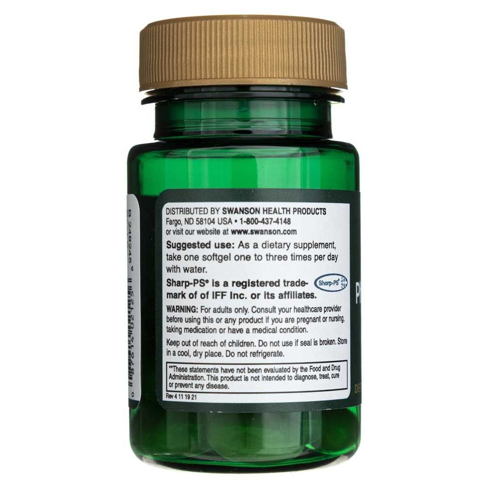 Arrière d'un flacon de 100 mg de Swanson Phosphatidylserine avec instructions d'utilisation et avertissements.