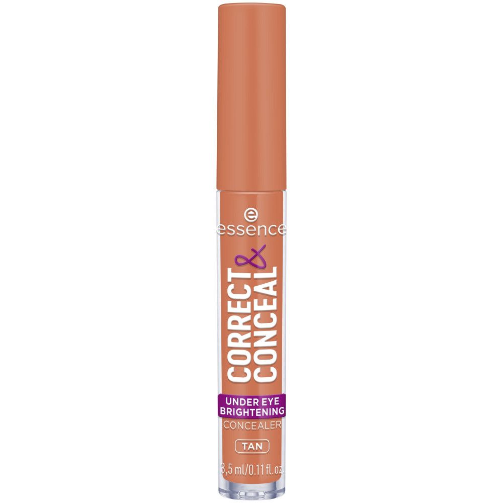 Concealer tube. Opschrift: Correct & Conceal, Tan. Merk: essence. Kleur: lichtbruin.