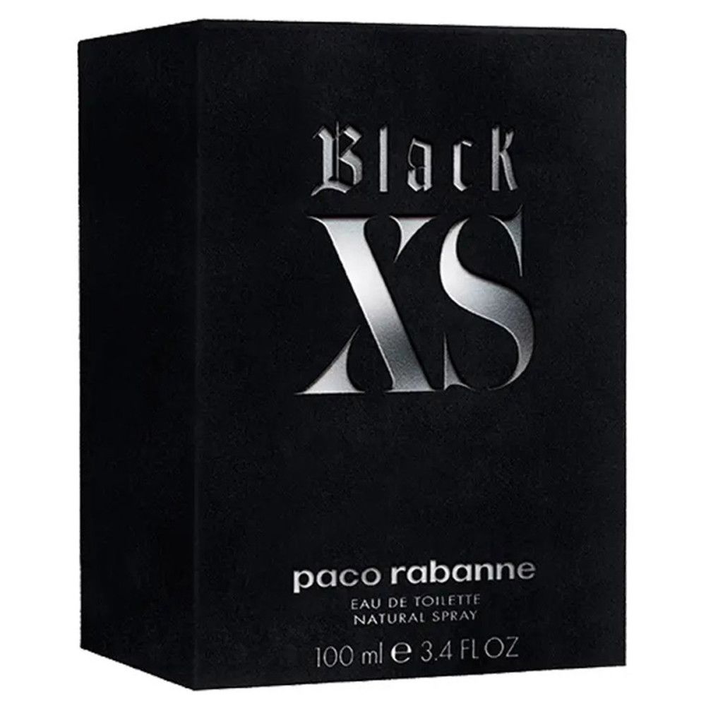 Boîte noire rectangulaire. Inscription "Black XS" et "paco rabanne". En bas, "Eau de Toilette".