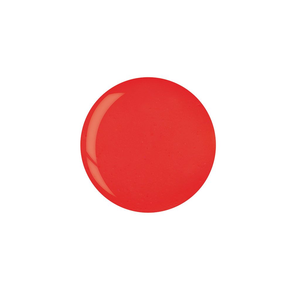 Tache ronde rouge vif. Surface brillante. Fond blanc.