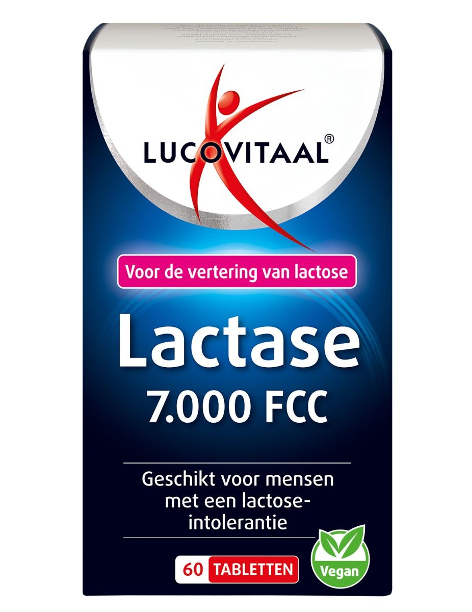 Verpakking Lactase 7.000 FCC tabletten. Opschrift: Lucovitaal, 60 tabletten, vegan. Blauwe verpakking met wit en rood logo.