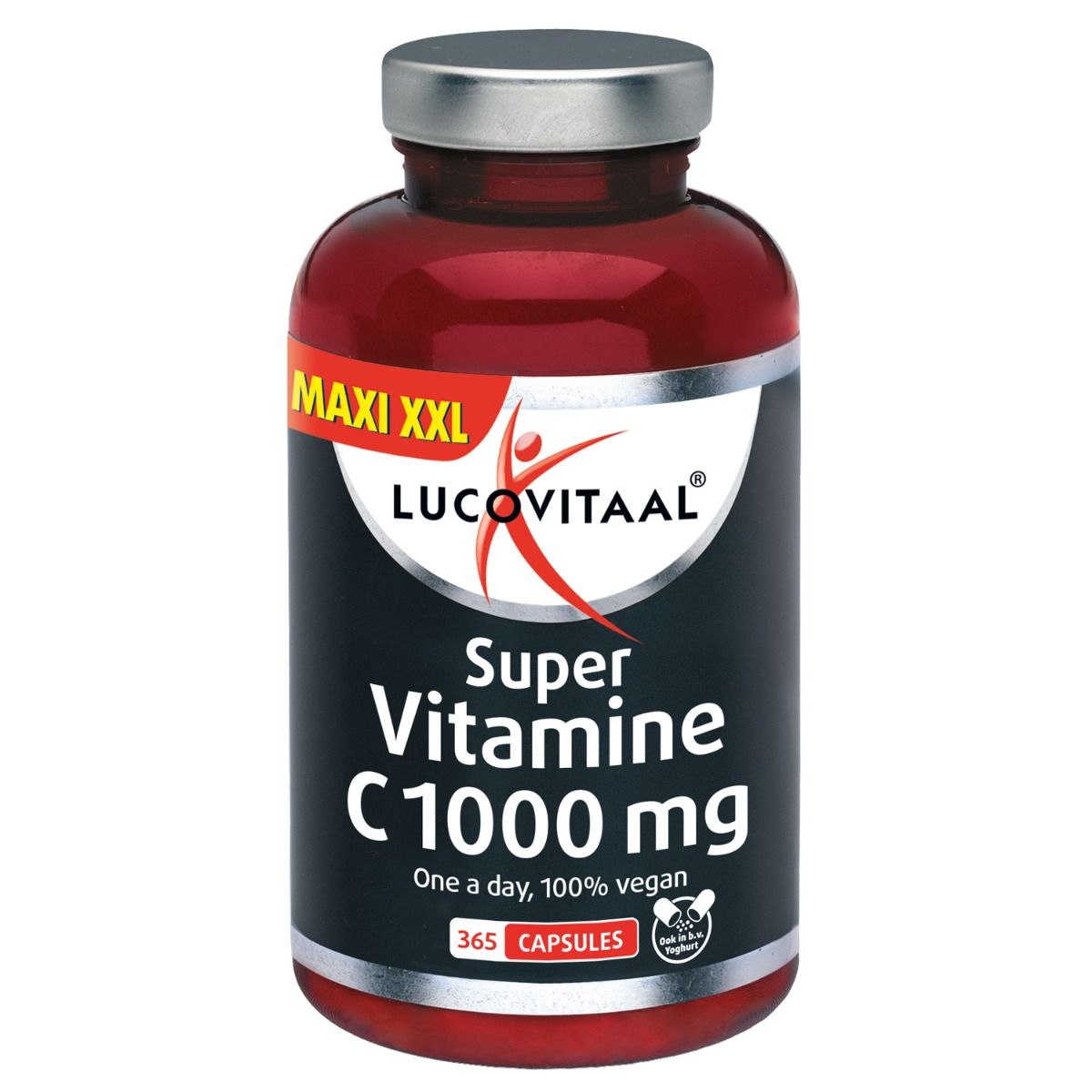 Rode fles met Super Vitamine C 1000 mg, 365 capsules, vegan. Merk Lucovitaal. Opschrift Maxi XXL.