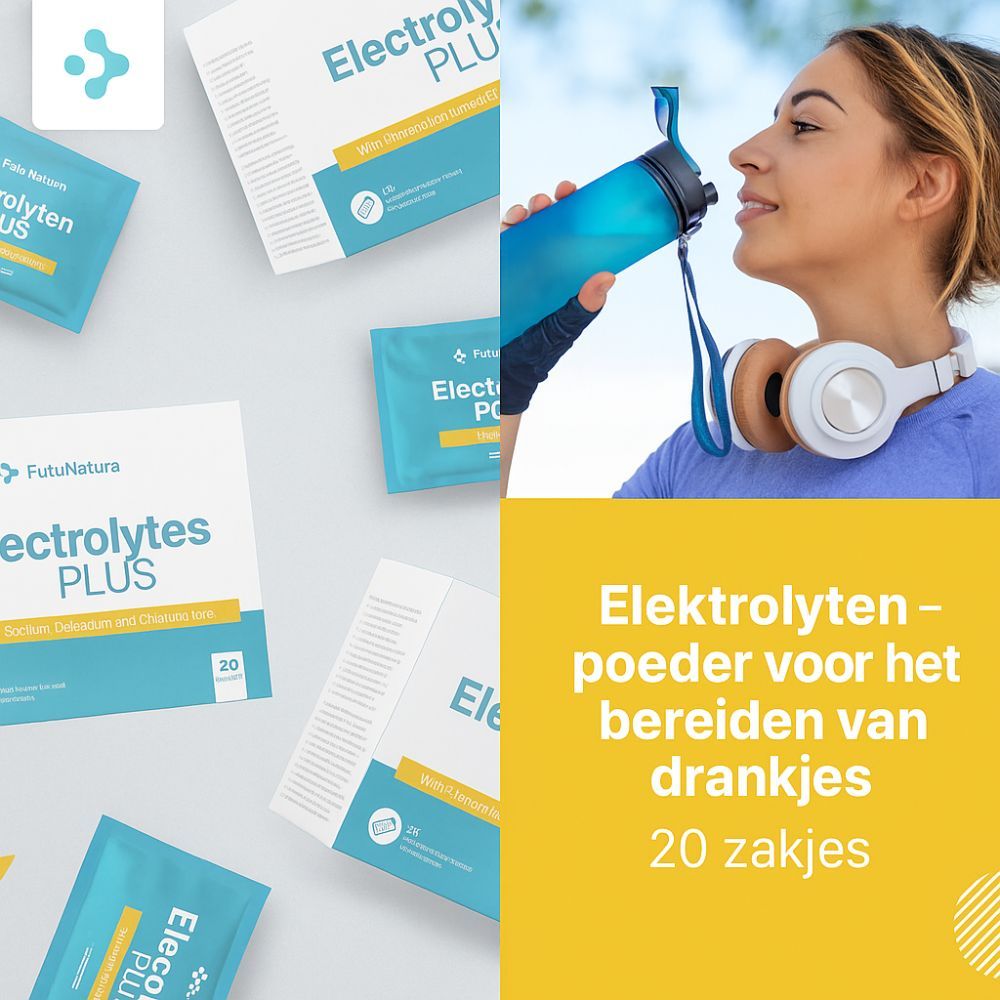 FutuNatura Elektrolyten PLUS. 20 zakjes. Vrouw drinkt uit een drinkfles. Gele achtergrond. Poeder voor het bereiden van drankjes.