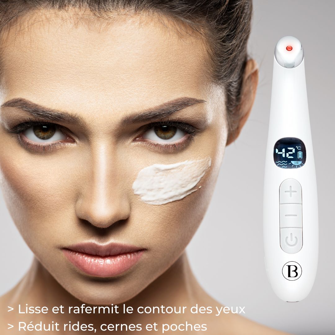 Femme avec appareil sur l'œil. Appareil blanc, allongé, avec pointe rouge. Crème sur le visage. Texte: 'Lisse et rafermit le contour des yeux'.