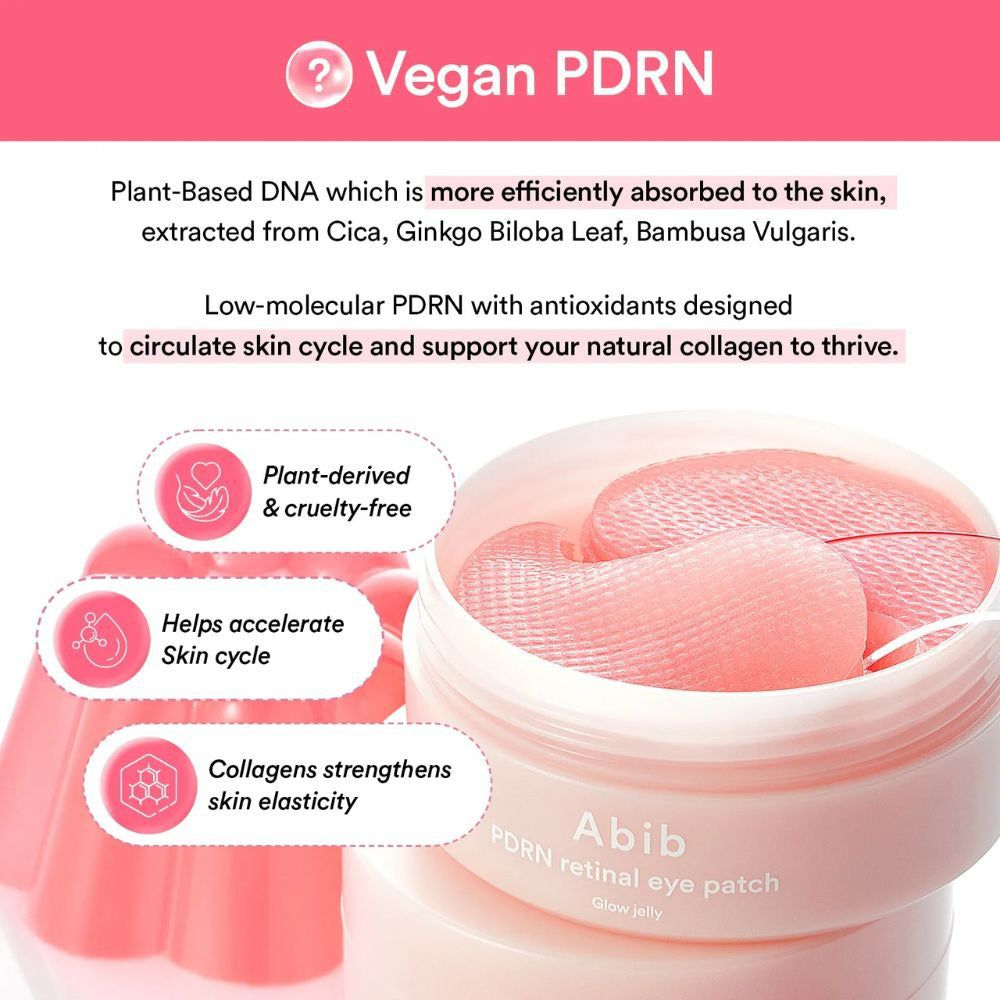 Image de patchs pour les yeux dans un pot. Texte : Vegan PDRN. Le texte décrit les ingrédients et leurs effets sur la peau.
