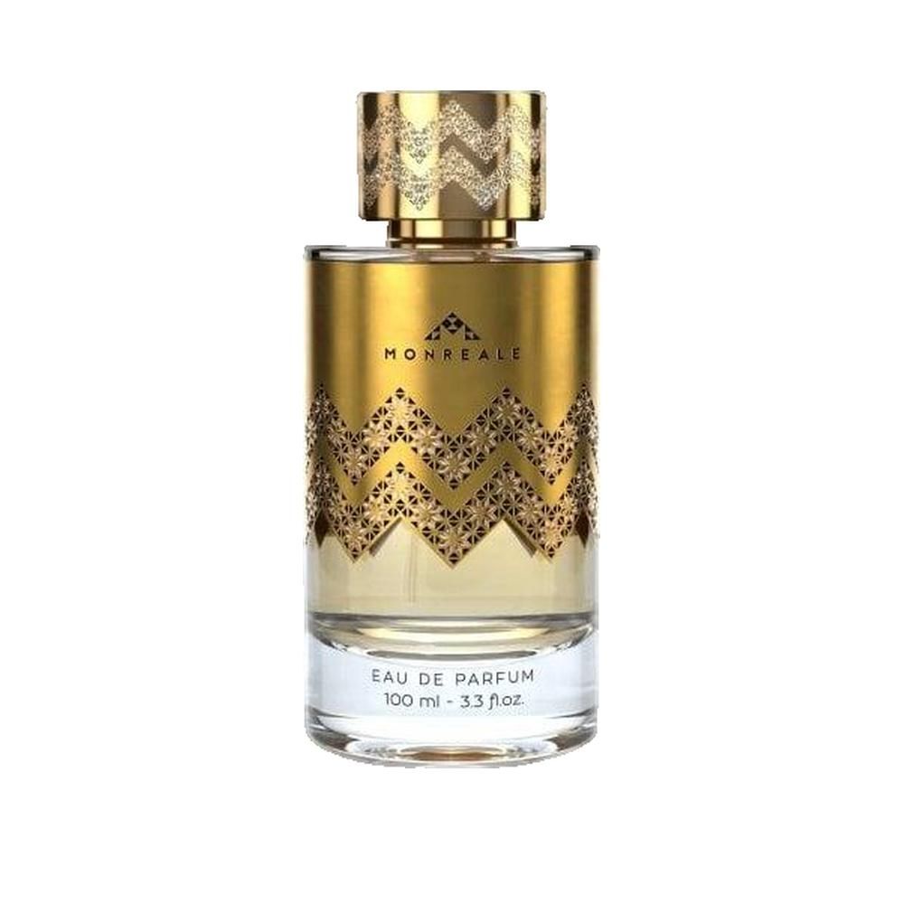 Gouden fles met zigzagpatroon en opschrift "MONREALE". Opschrift "EAU DE PARFUM". 