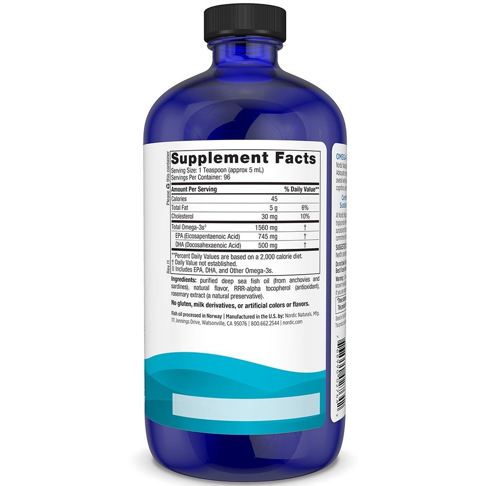Voedingsfeiten op de achterkant van de Nordic Naturals Omega-3 fles. Bevat 1560 mg Omega-3.