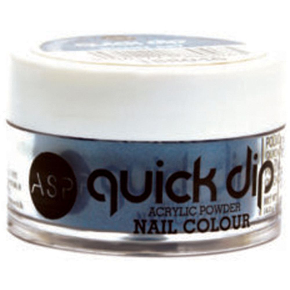 Pot rond de poudre acrylique bleue. Inscription : ASP quick dip, Acrylic Powder, Nail Colour.
