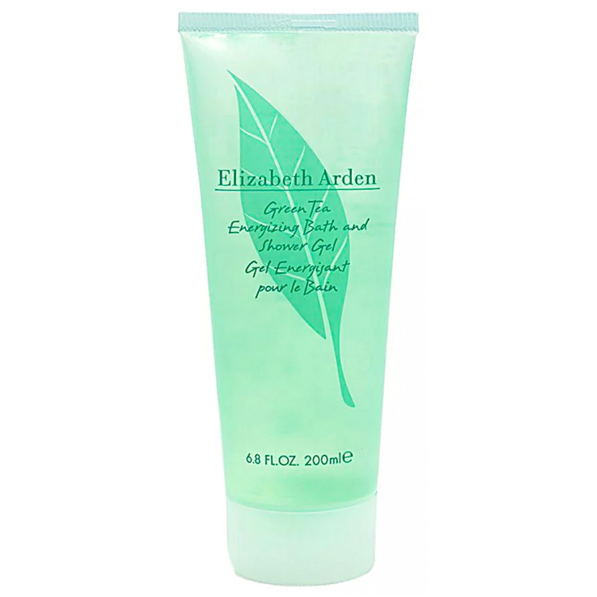 Gel douche Elizabeth Arden Green Tea dans un tube transparent avec motif feuille.