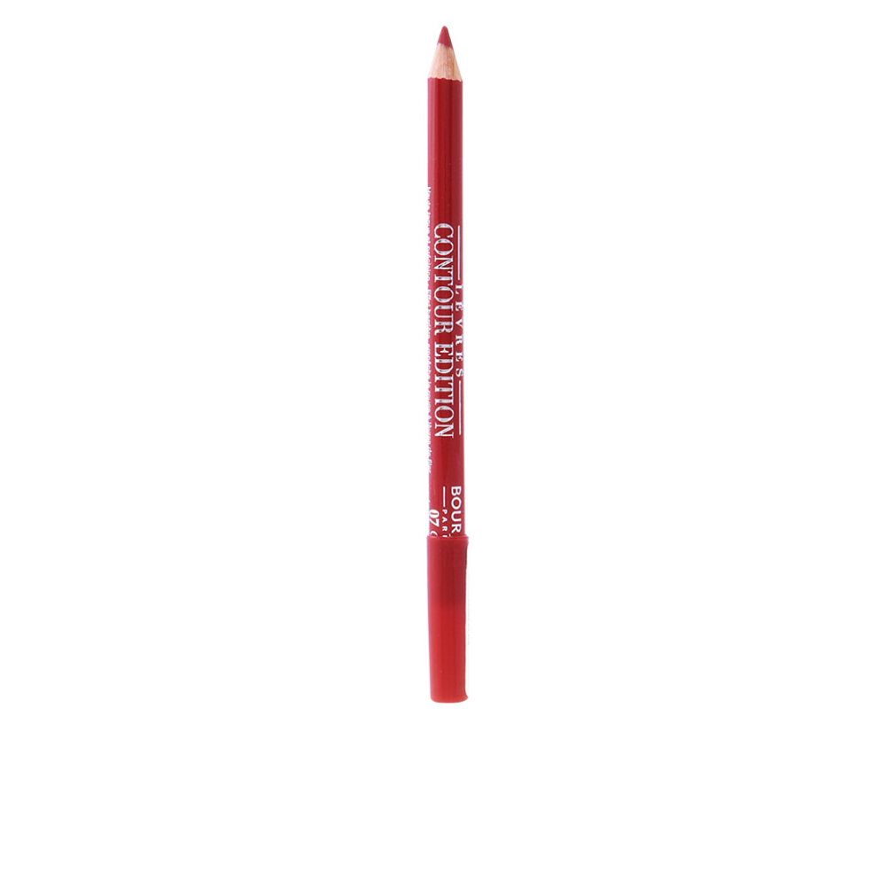 Crayon à lèvres rouge avec pointe et capuchon. Inscription: Contour Edition. Marque Bourjois.