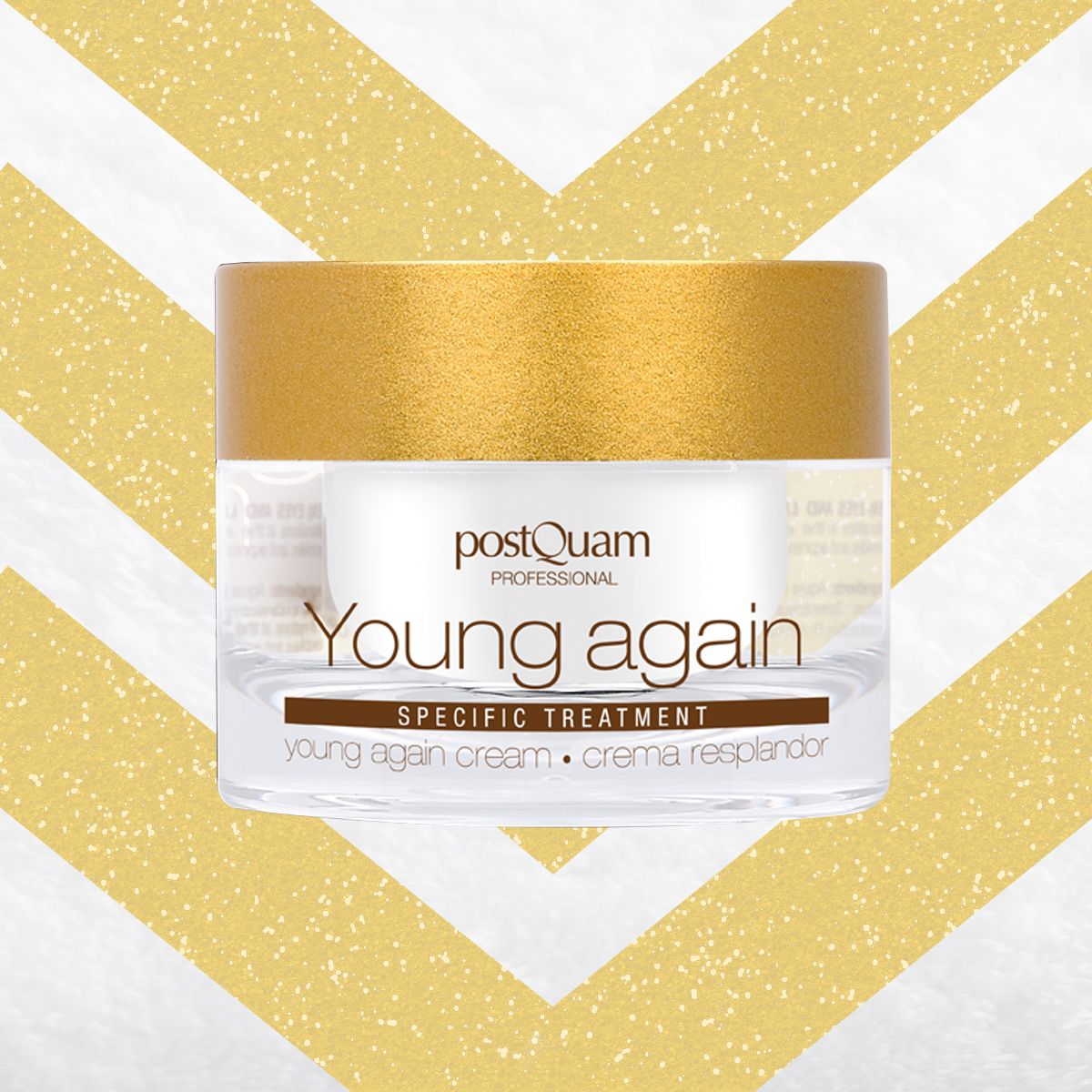 Crèmepot met gouden deksel. Opschrift: Young again, Specific Treatment. Merk: Postquam. Achtergrond: Goud en wit.