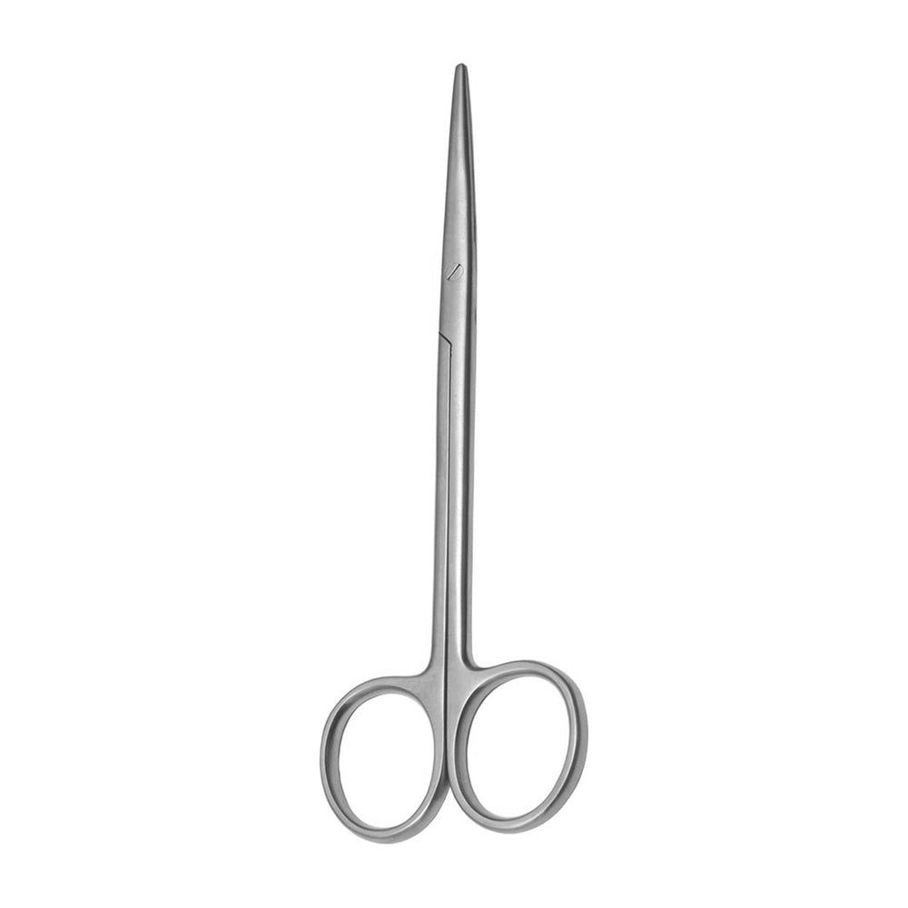 Chirurgische schaar van metaal. Scherpe, gebogen bladen met afgeronde ringen. Op witte achtergrond.